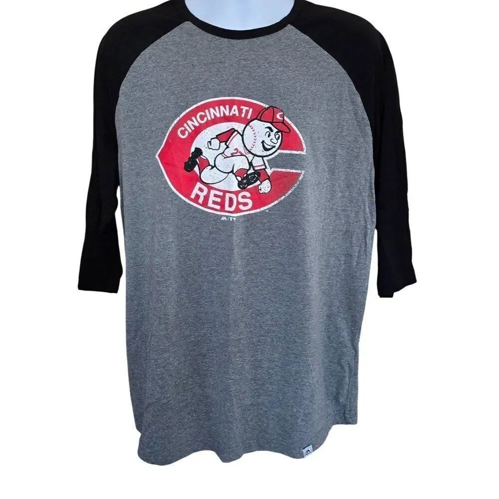 Cooperstown Grey & Black Cincinnati Reds Raglan Tee MLB baseball ballpark #1 fan